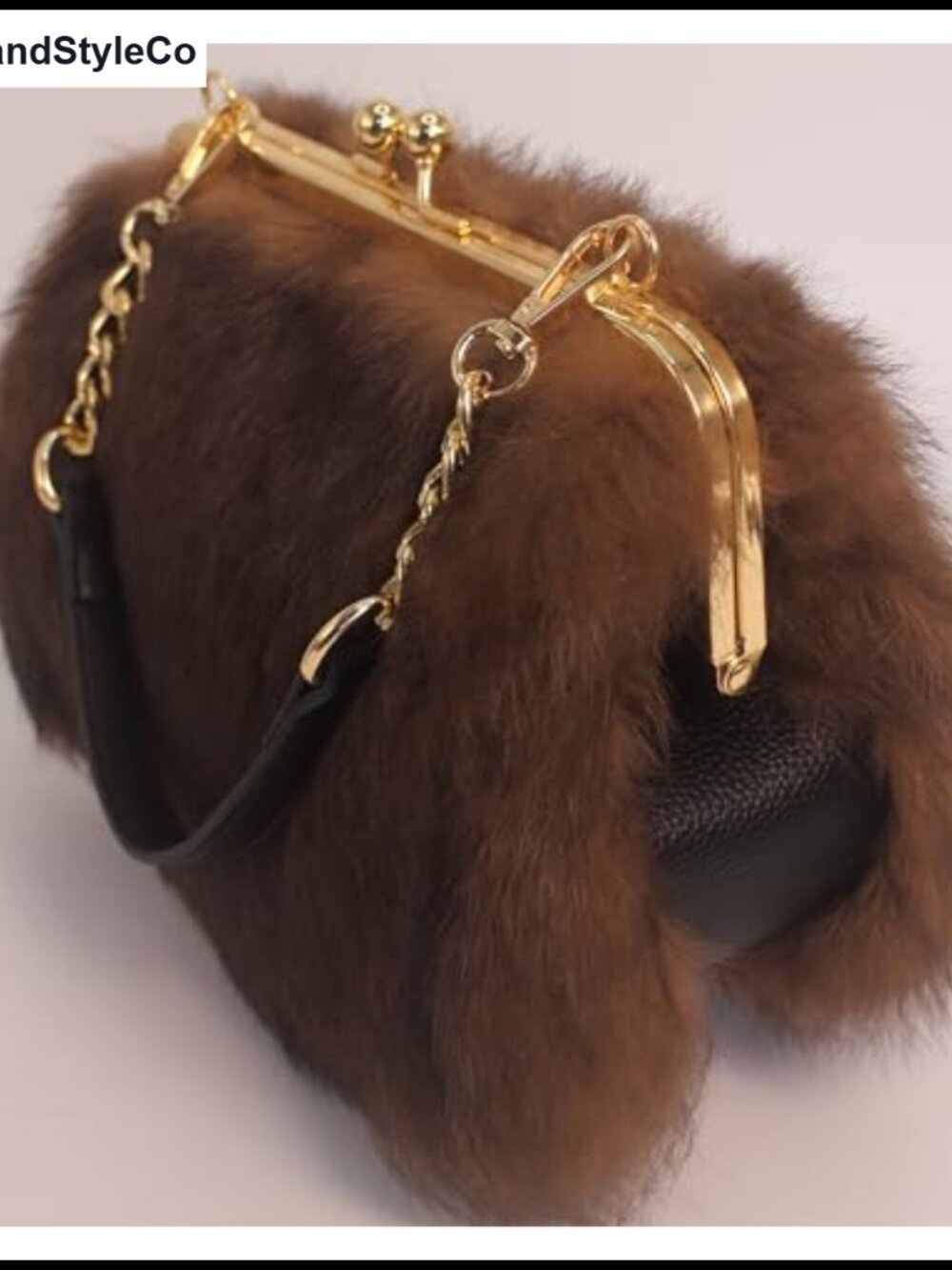 Genuine Rabbit Fur Kisslock Clutch Handbag with Gold-Tone Chain - Picture 3 of 6